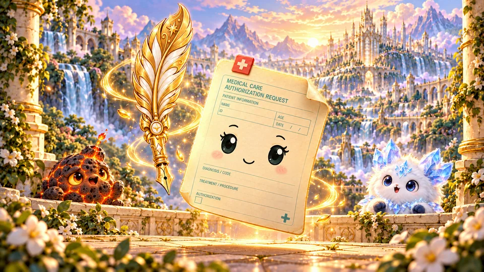 Claim Claim, a smiling paper medical claim, floats beside her golden pen with small volcanic and crystal creatures in Valentia.