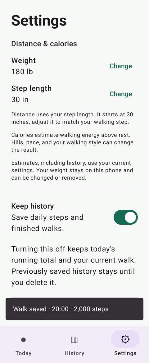 Pedometer settings screen